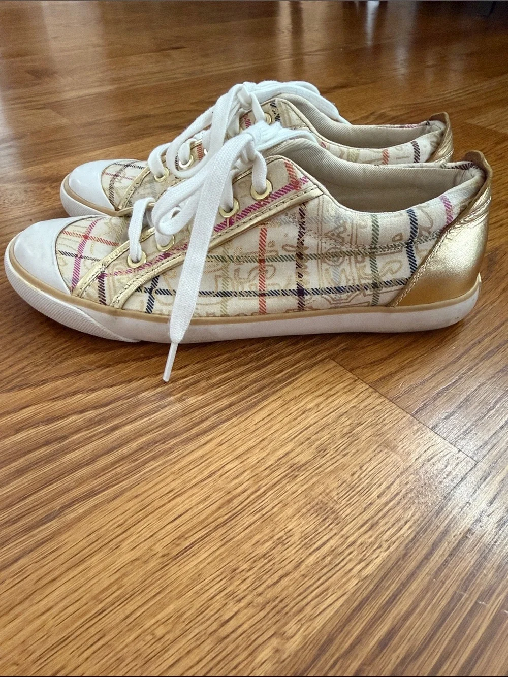 Coach Barrett multi color Plaid Logo Sneakers Gold Trim Women’s Size 7.5B